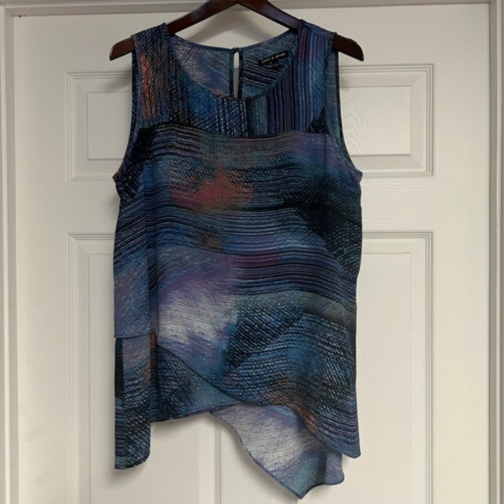 Cable & Gauge Sleeveless Polyester Asymmetrical Top in Blues Purples Pinks Sz L